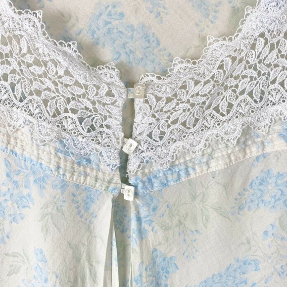 VINTAGE EILEEN WEST Women Size Small Blue Floral Robe Sleep Nightgown Lace Trim - Picture 5 of 10